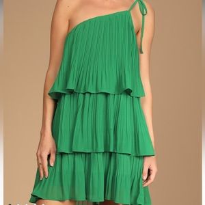 Mini one shoulder pleated tiered dress lined elasticized one shoulder neckline
